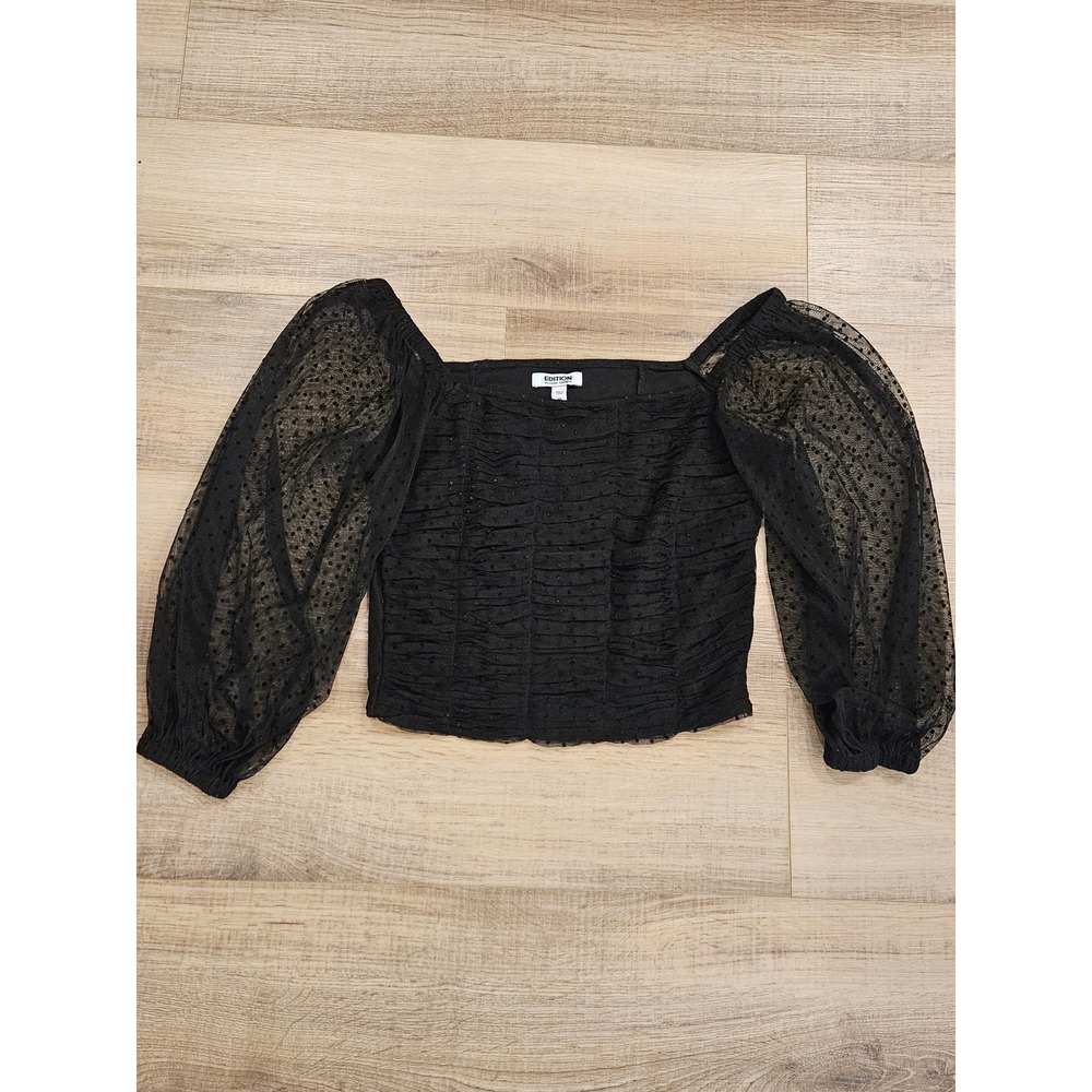 Express Edition Black Flocked Dot Mesh Puff Sleeve Top XS Dark Coquette Gothic